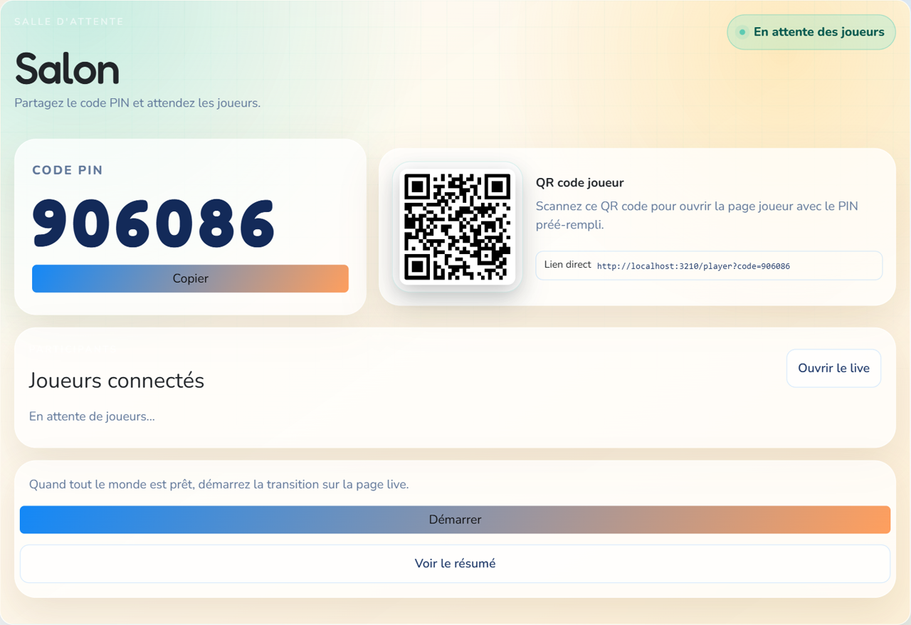 Capture de l'espace hote avec code PIN, QR code et bouton de demarrage de la partie