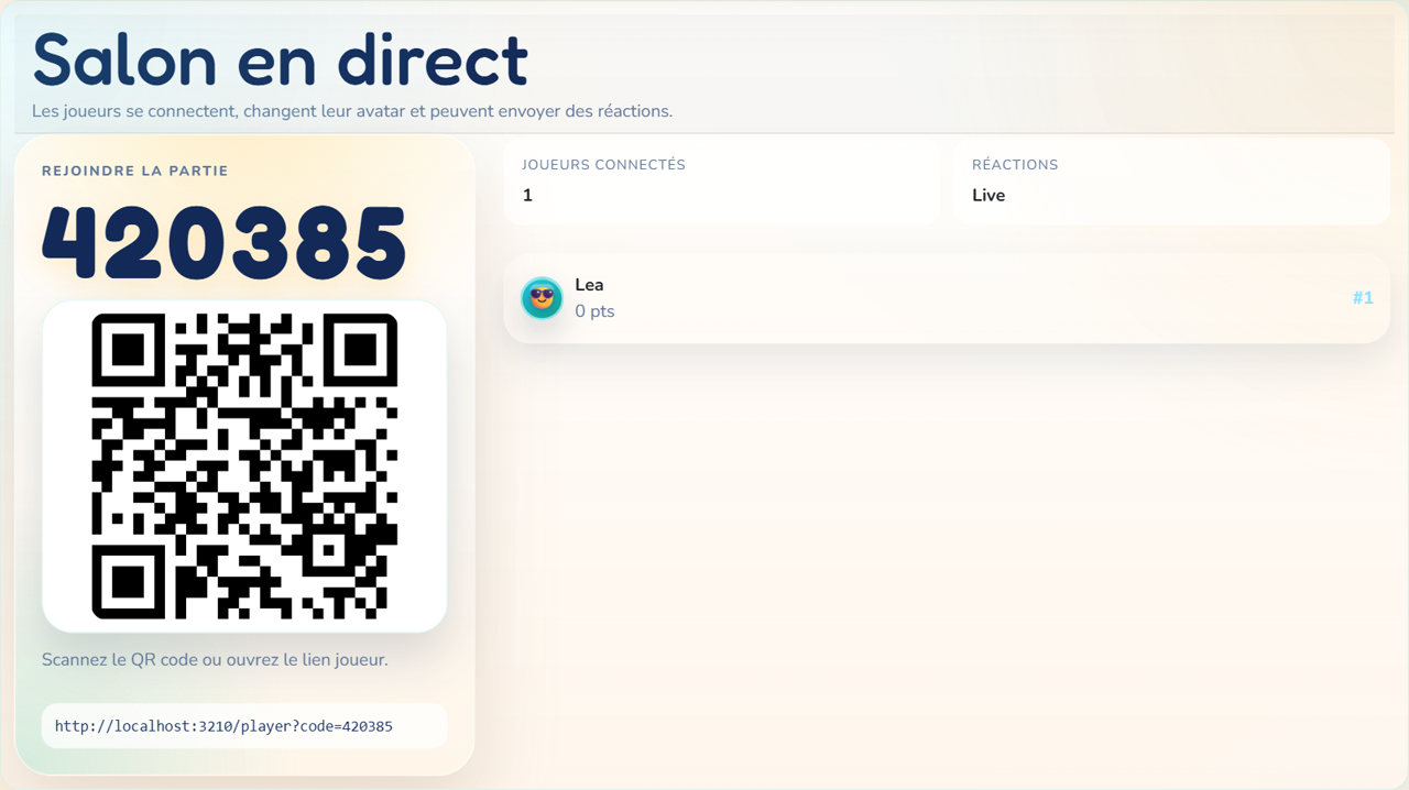 Capture de la page live avec code de la partie, QR code et liste des joueurs connectes