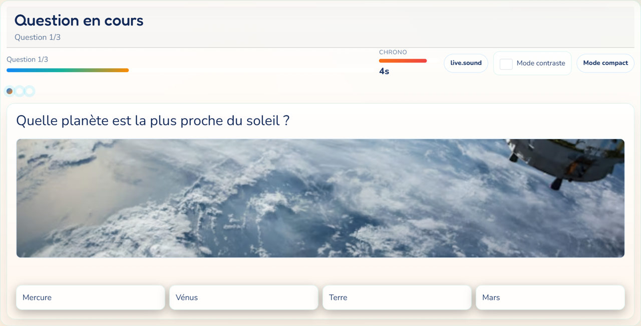 Capture de la question affichee en live avec illustration, chrono et choix de reponse