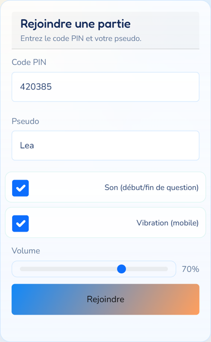 Capture de la page joueur avec code PIN et pseudo avant l'entree dans la partie